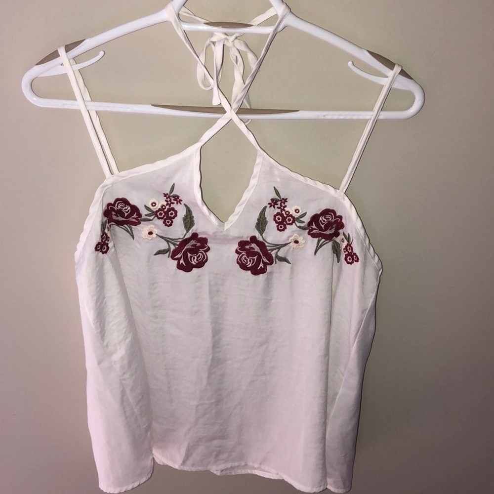 White Halter Tank w/ Rose Embroidery